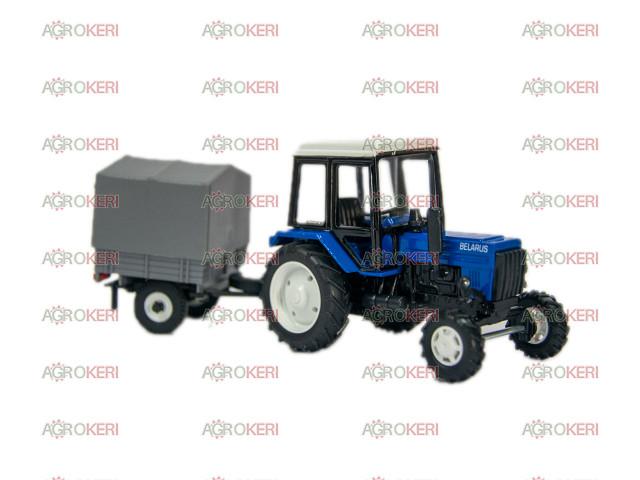 játék traktor Belarus / MTZ, kék, fém + utánfutó, 1:43